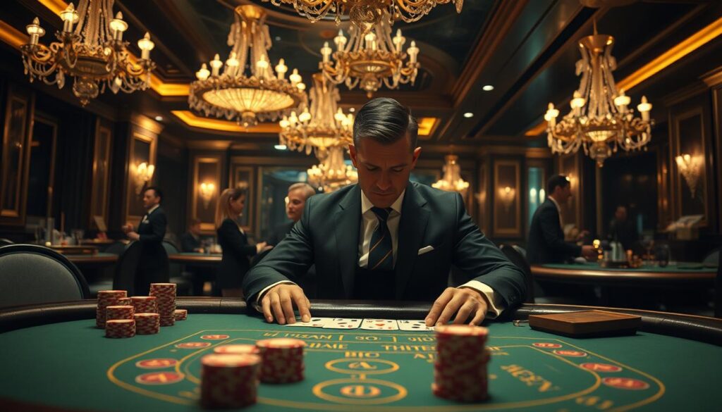 A luxurious casino interior, dimly lit with warm, golden lighting. In the foreground, a baccarat table with green felt and gleaming chips, expertly arranged in stacks. The middle ground features a well-dressed high-roller carefully studying the card values, their face a mask of concentration. In the background, elegant chandeliers cast a soft glow, while discreet waitstaff circulate with trays of drinks. The atmosphere exudes an air of exclusivity and the thrill of calculated risk-taking, capturing the essence of a winning baccarat strategy.