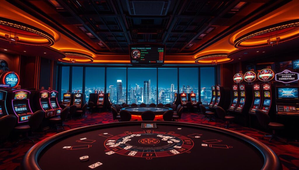 A luxurious casino interior, dimly lit with warm, inviting lighting. In the foreground, a blackjack table in play, with cards and chips scattered across the felt surface. At the center, a large digital display shows the latest game updates and odds, casting a vibrant glow. The middle ground features rows of slot machines, their screens flashing with dazzling animations. In the background, a panoramic view of the city skyline visible through floor-to-ceiling windows, creating a sense of energy and excitement. The atmosphere is one of anticipation and possibility, drawing the viewer into the dynamic world of casino gaming.