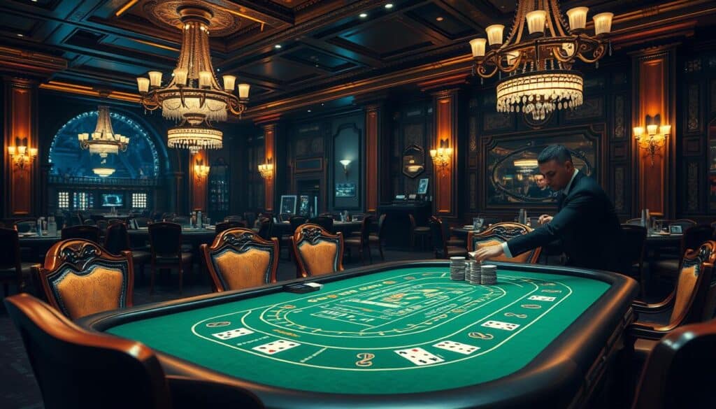 A luxurious casino interior, filled with the intricate details of a Baccarat game table. Ornate chandeliers cast a warm glow, illuminating the green baize surface adorned with precise markings. Elegant wooden chairs surround the table, inviting players to take their seats and immerse themselves in the strategic dance of cards. The dealer, poised and attentive, shuffles the deck with practiced precision, ready to guide the game's unfolding narrative. Glittering chips are stacked high, representing the rewards and risks of this captivating pastime. The atmosphere is one of measured intensity, where keen observation and calculated decisions hold the promise of fortune.