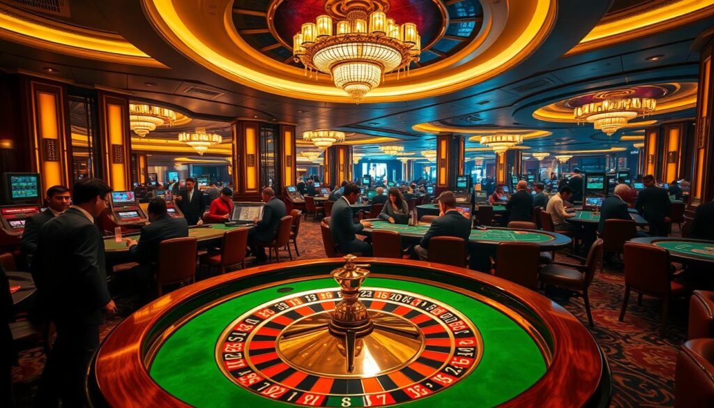 A luxurious casino interior illuminated by warm, golden lighting. In the foreground, a meticulously crafted roulette table with a green felt surface, surrounded by smartly dressed players eagerly anticipating the spin of the wheel. The middle ground features a group of people engaged in an intense game of baccarat, their faces alight with the thrill of the cards. In the background, a panoramic view of the casino floor, with high ceilings, ornate chandeliers, and the hustle and bustle of other gaming tables. The atmosphere exudes an air of sophistication, excitement, and the allure of high-stakes gambling.