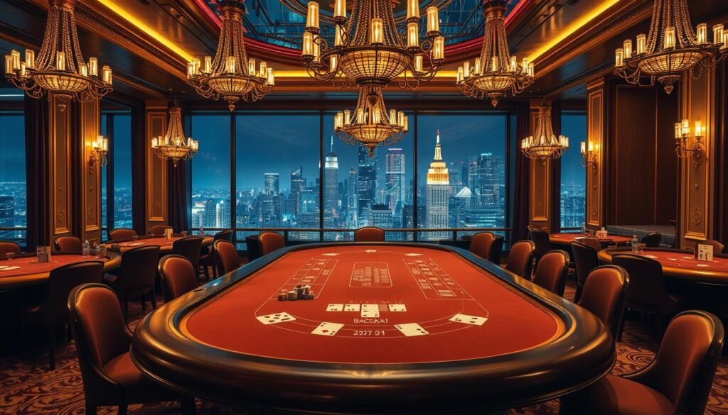 A luxurious casino interior with a classic baccarat table at the center, surrounded by elegant chandeliers and ornate woodwork. The table is bathed in warm, inviting lighting, with cards and chips neatly arranged, creating an atmosphere of refined sophistication. In the background, a panoramic view of a bustling city skyline through large windows, hinting at the thrills and excitement of the game. The overall scene evokes the timeless allure and traditions of the iconic card game of百家樂.