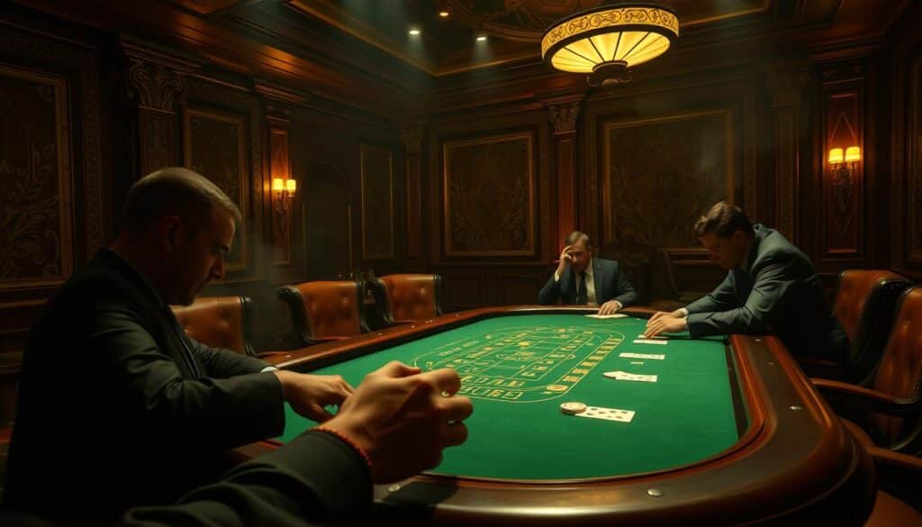 A luxurious casino interior with a dimly lit, atmospheric baccarat table at the center. The table is adorned with a green felt surface and polished wooden trim, surrounded by plush leather chairs. Soft, ambient lighting casts dramatic shadows, creating a palpable sense of tension and anticipation. In the foreground, a dealer's hands expertly deal the cards, while seasoned players lean in, intently scrutinizing their hands. The background features rich, textured walls adorned with ornate moldings, evoking the elegance of a bygone era. A hint of smoke and the faint chatter of high-stakes gameplay add to the immersive, cinematic ambiance.