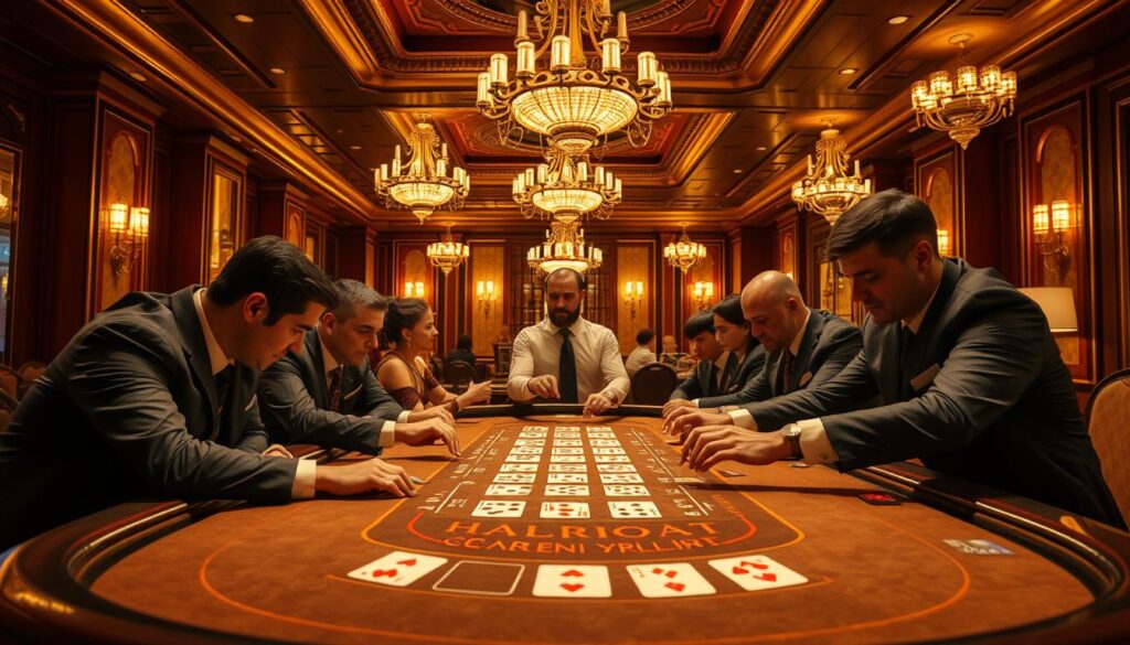 A luxurious casino interior with a high-stakes Baccarat table at the center. The table is illuminated by warm, golden lighting, creating a sense of elegance and excitement. Smartly dressed players lean over the table, intensely focused on the cards being dealt. The dealer's hands move with precision, following the intricate card drawing rules of Baccarat. In the background, ornate chandeliers and rich, wood-paneled walls evoke the sophisticated atmosphere of a classic casino. The scene captures the tension and anticipation of the Baccarat game, inviting the viewer to immerse themselves in the strategic decision-making and chance-based thrill of this iconic casino pastime.