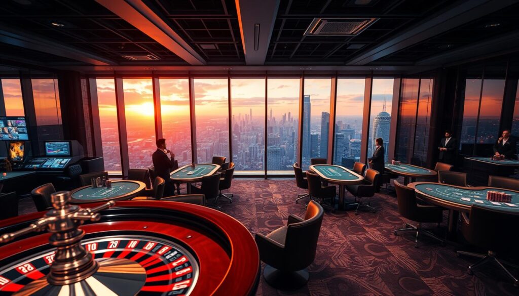 A luxurious casino interior with a modern, sleek aesthetic. The camera is positioned at a slight angle, capturing the elegant, well-lit gaming tables and sophisticated ambiance. The foreground features a roulette wheel and stacks of casino chips, while the middle ground showcases a row of blackjack tables with attentive dealers. In the background, plush lounge seating and floor-to-ceiling windows offer a panoramic view of a bustling city skyline, bathed in the warm glow of the setting sun. The scene exudes an air of exclusivity, inviting the viewer to experience the thrill and sophistication of online casino gaming.
