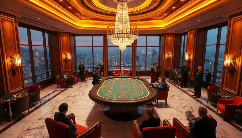 A luxurious casino interior with a prominent baccarat table at its center, surrounded by opulent decor and well-dressed patrons. The table is illuminated by a grand crystal chandelier, casting a warm, inviting glow across the room. Plush velvet armchairs and marble floors add an air of sophistication, while floor-to-ceiling windows offer a panoramic view of a bustling city skyline outside. Subtle lighting from sconces and recessed fixtures create a subtle, elegant ambiance, drawing the eye towards the game at hand. The overall scene conveys a sense of high-stakes excitement and exclusivity, befitting a renowned Taiwanese baccarat casino.