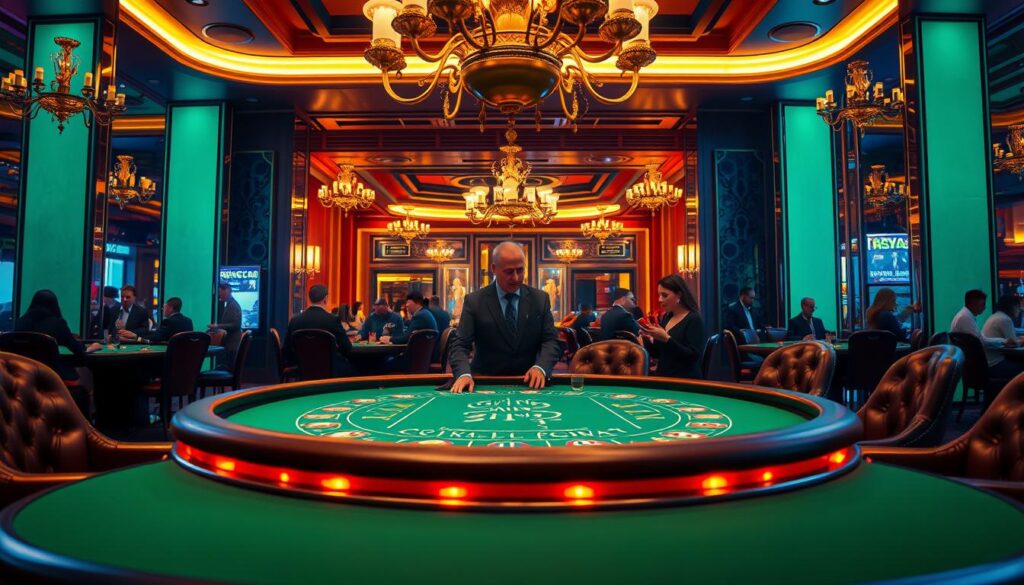 A luxurious casino interior with a prominent baccarat table at the center, bathed in warm, ambient lighting. The table is adorned with elegant green felt, surrounded by plush leather chairs. In the background, glimpses of high-end decor, including ornate chandeliers and gilded accents, create an atmosphere of sophistication and exclusivity. A few well-dressed players engaged in the game, their expressions focused and intent. The scene conveys a sense of refined elegance and the allure of high-stakes gambling, capturing the essence of a top-rated baccarat gaming website.