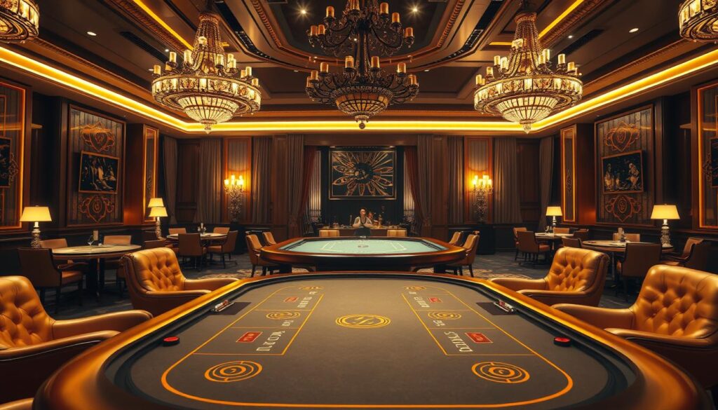 A luxurious casino interior with a prominent baccarat table at the center, surrounded by plush leather chairs and decorative elements. The table is illuminated by warm, golden lighting, creating a sophisticated and inviting atmosphere. The background features ornate chandeliers, rich wood paneling, and elegant curtains, conveying a sense of grandeur and exclusivity. The camera angle captures the table in a slightly elevated perspective, highlighting the visually striking design and layout of the gaming area. The overall scene evokes a high-end, professional, and trustworthy ambiance suitable for a premier baccarat platform.