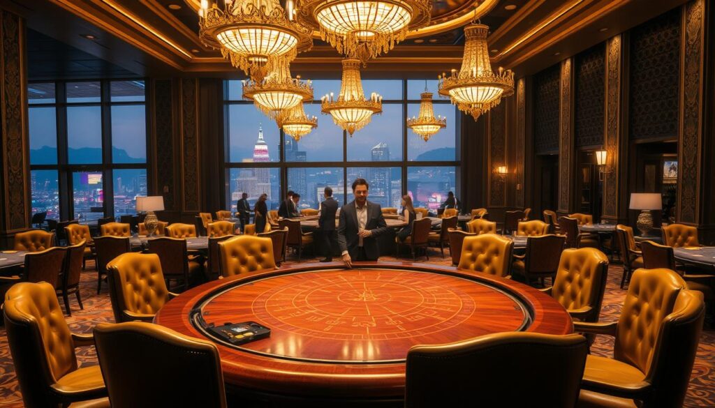 A luxurious casino interior with a sophisticated, high-end ambiance. The foreground features a large, polished wooden gambling table surrounded by plush leather chairs. Intricate chandeliers cast a warm, golden glow over the scene, creating a sense of elegance and exclusivity. In the middle ground, discreet service staff move gracefully, anticipating the needs of the well-dressed patrons. The background showcases ornate wall panels, gilded accents, and floor-to-ceiling windows offering a panoramic view of a bustling cityscape. The overall atmosphere evokes a sense of refined opulence, where high-stakes gaming is elevated to an art form.