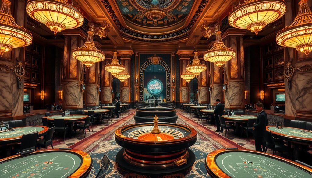 A luxurious casino interior with an ornate, high-ceilinged gaming hall. Rows of gleaming blackjack and baccarat tables are flanked by towering marble columns and opulent chandeliers casting a warm, golden glow. In the center, a roulette wheel spins with precision, its hypnotic motion and probability-driven outcomes represented in a dynamic visual flow. Experienced dealers in crisp uniforms stand ready, guiding players through the nuances of the games and the house edge. The atmosphere is one of sophisticated elegance, tempered by an underlying sense of mathematical precision governing the odds and payouts. A seamless blend of chance, strategy, and the thrill of the gamble.