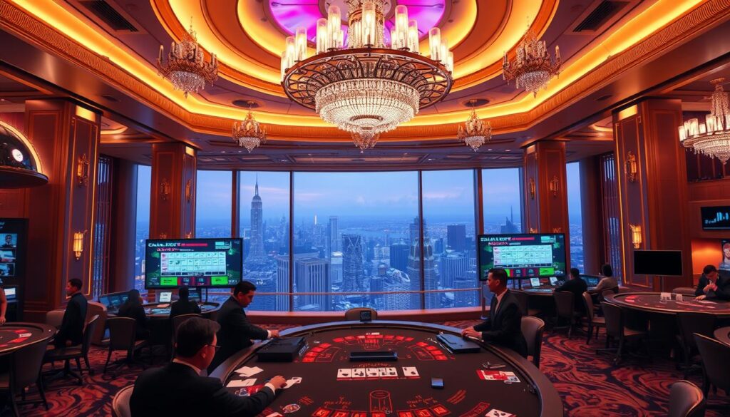 A luxurious casino interior with elegant chandeliers and high ceilings, bathed in warm, golden lighting. In the foreground, a grand baccarat table with a dealer skillfully shuffling cards, surrounded by players immersed in the game. The middle ground features sleek, high-tech monitors displaying the online baccarat interface, showcasing the seamless integration of digital and physical gaming experiences. The background depicts a panoramic view of a bustling city skyline, hinting at the convenience and accessibility of online baccarat gameplay. The overall atmosphere exudes sophistication, exclusivity, and the thrill of high-stakes gaming.