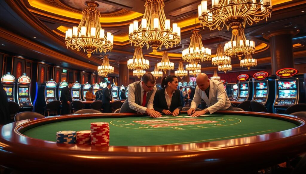 A luxurious casino interior, with ornate chandeliers casting a warm glow over the gaming tables. In the foreground, a green felt-covered baccarat table, its wooden edges polished to a shine. Stacks of colorful casino chips line the edges, ready for high-stakes wagering. In the middle ground, smartly dressed patrons lean in, focused on the cards being dealt by a croupier in a crisp white uniform. Behind them, rows of slot machines flash and chime, creating a lively atmosphere. The scene is bathed in a soft, golden light, conveying an air of elegance and anticipation, as players engage in the time-honored tradition of baccarat, the quintessential casino game.