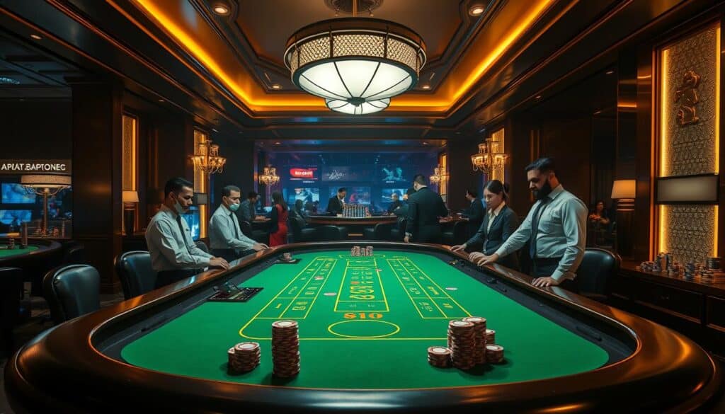 A luxurious casino table, dimly lit with warm overhead lighting, showcasing the classic game of Baccarat. The green felt surface is pristine, the wooden edges polished to a shine. Elegant casino dealers stand ready, their uniforms crisp and professional. Stacks of chips in various denominations are neatly arranged, inviting players to test their luck. The air is charged with anticipation, as high-rollers and casual players alike gather around the table, eager to learn the fundamental rules of this time-honored game.