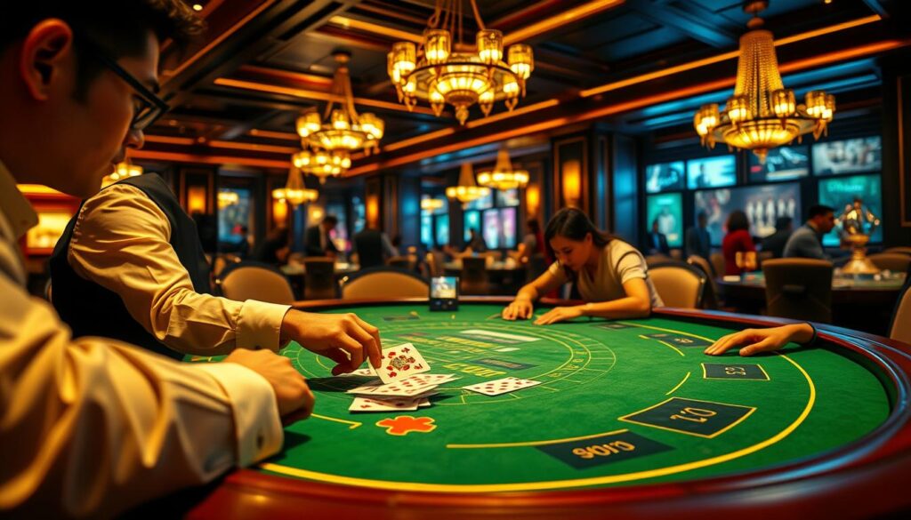 A luxurious casino table illuminated by warm, golden lighting, showcasing the classic Baccarat game in progress. Elegant wooden details and plush green felt create an atmosphere of sophistication and high-stakes excitement. In the foreground, the dealer's hands expertly handle the cards, while the players' faces are thoughtful and focused, leaning in with anticipation. The background features dimly lit chandeliers and the faint silhouettes of other tables, conveying the bustling energy of a world-class gaming establishment. Subtle visual cues hint at the "百家樂必勝秘訣" - the strategic insights that can elevate one's gaming prowess.
