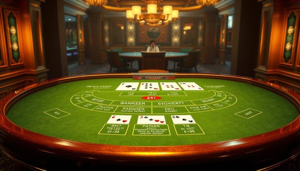 A luxurious casino table, the green felt surface gleaming under warm, golden lighting. Elegant wooden edges and brass accents frame the table, creating a refined, sophisticated atmosphere. On the tabletop, a clear and detailed illustration showcases the key details of Baccarat gameplay: the payouts for Banker, Player, and Tie bets, as well as the step-by-step rules for dealing the cards. The illustration is crisp, informative, and visually captivating, allowing players to easily understand the game mechanics and odds. The overall scene conveys the excitement and allure of the Baccarat experience, inviting the viewer to explore this classic casino game.