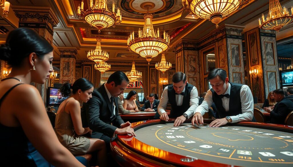 A luxurious, lavishly-appointed casino interior, with a grand marble-clad entryway leading into a spacious gaming hall. Ornate chandeliers cast a warm, golden glow over the polished wood gaming tables, where a high-stakes game of baccarat is in progress. Elegant, well-dressed players lean intently over the table, their expressions intense as they study the cards. The dealer, in a crisp white shirt and black vest, confidently deals the cards with practiced precision. The atmosphere is one of refined sophistication and heightened anticipation, capturing the thrill and elegance of the world-class baccarat experience.