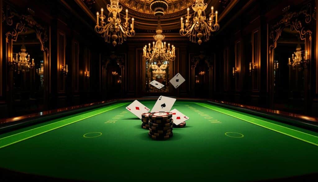 A luxurious online baccarat gaming platform in a dimly lit, elegant casino setting. In the foreground, a virtual baccarat table with softly glowing green felt and polished wood accents. In the middle ground, stylized 3D representations of playing cards and casino chips float and rotate, casting subtle shadows. The background features a baroque-inspired interior with ornate chandeliers, gilded moldings, and shimmering mirrors that reflect the scene. The overall atmosphere is one of sophistication, opulence, and the thrill of high-stakes gambling, inviting the viewer to immerse themselves in the captivating world of online baccarat.