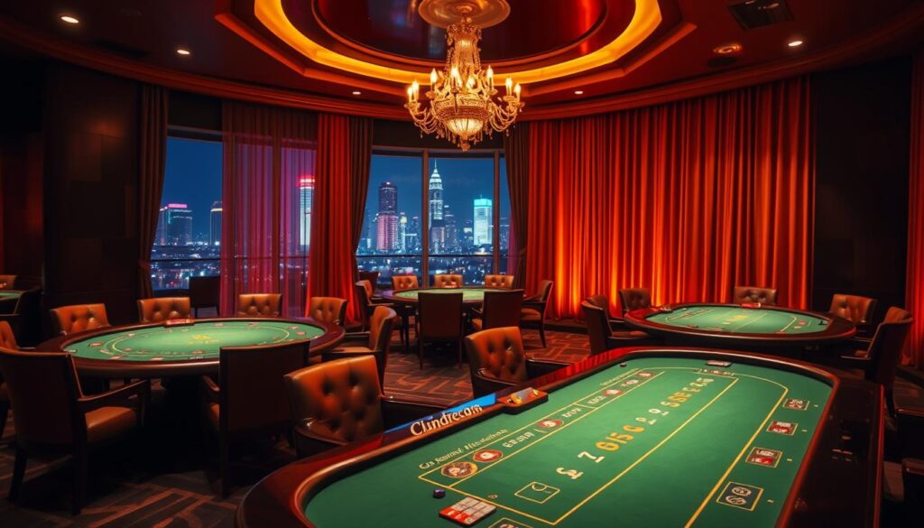 A luxurious online casino lounge, dimly lit with warm amber hues, inviting players to indulge in the thrilling game of baccarat. Plush leather chairs surround glossy blackjack tables, where the green felt surface reflects the glow of recessed lighting. In the background, a grand chandelier casts a soft, alluring ambiance over the scene. Elegant drapes frame floor-to-ceiling windows, offering a tantalizing glimpse of the neon-lit city skyline beyond. The overall atmosphere exudes a sense of exclusivity and sophistication, catering to discerning baccarat enthusiasts seeking a secure and thrilling gaming experience.