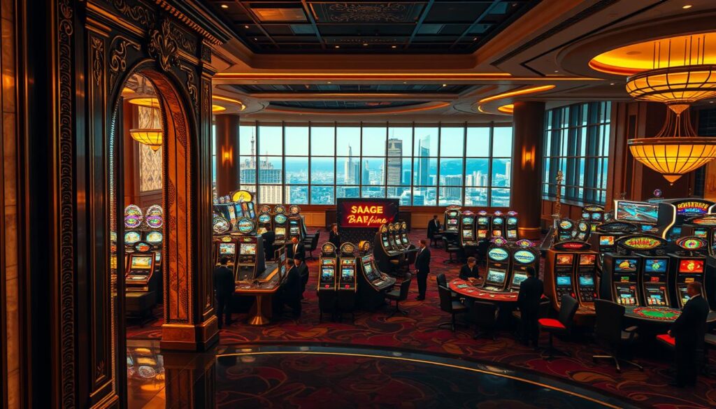 A luxurious, well-appointed interior of a high-end casino resort, bathed in warm, ambient lighting. The foreground features a grand, ornate entryway with intricate brass and marble details, inviting guests to step into the opulent gambling hall beyond. The middle ground showcases a panoramic view of the gaming floor, with rows of gleaming, modern slot machines and tables for baccarat, blackjack, and roulette, all attended by sharply dressed croupiers. In the background, a backdrop of floor-to-ceiling windows offers a stunning cityscape, hinting at the sophisticated urban setting. An atmosphere of refined elegance and excitement pervades the scene, capturing the essence of the "Jin Da Fa Entertainment City" casino experience.