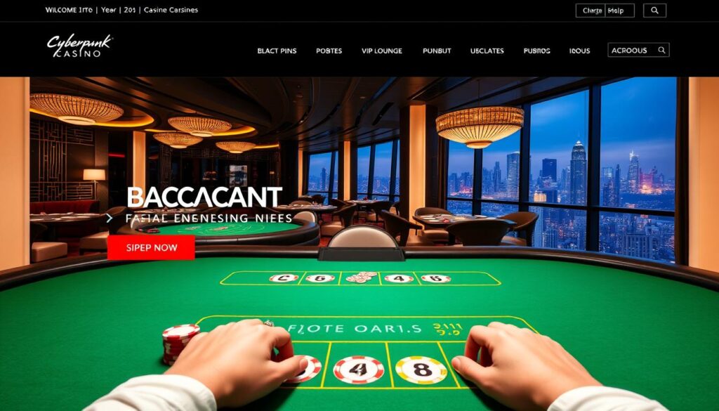 A luxurious, well-designed website for a reputable online Baccarat casino. The homepage features a sleek, minimalist layout with a large hero image showcasing the game tables and VIP lounge. In the foreground, high-resolution graphics depict the green felt of a Baccarat table, the elegant casino chips, and the dealer's hands dealing the cards. The middle ground reveals the sophisticated interior design of the gaming area, with plush seating, decorative lighting fixtures, and a sense of exclusivity. In the background, a panoramic view overlooking a bustling city skyline sets the mood of an upscale, immersive gaming experience. The overall atmosphere conveys a perfect balance of luxury, excitement, and professionalism - exactly the kind of website that a discerning Baccarat player would trust.