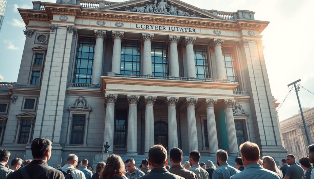 A majestic government building stands tall, its grand architecture evoking a sense of authority and oversight. The facade features intricate stone carvings and ornate columns, creating an imposing presence. Sunlight streams through the large windows, illuminating the interior offices where officials deliberate policies and regulations. In the foreground, a group of citizens gather, their expressions reflecting both apprehension and trust in the regulatory body's ability to safeguard their interests. The atmosphere radiates a balance of power and responsibility, as the regulatory agency's influence permeates the scene.