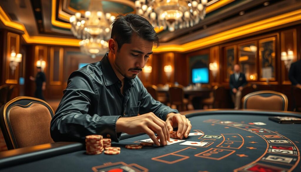 A masterful baccarat player at the gaming table, surrounded by the lush, elegant ambiance of a high-end casino. The player's face is focused, eyes fixed on the cards, hands expertly maneuvering the chips. Soft, warm lighting casts a rich, gilded glow, while the background fades into a blurred, opulent setting of plush carpets, wood paneling, and crystal chandeliers. A sense of intense concentration and strategic mastery permeates the scene, capturing the essence of a seasoned baccarat champion's techniques.