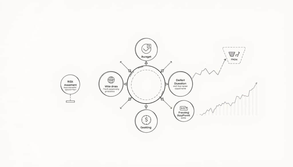 A meticulous financial strategy diagram on a clean white background, with a minimalist layout. In the foreground, a series of interconnected circular elements depicting key aspects of effective money management - budgeting, risk assessment, diversification, and goal setting. The middle ground features subtle line graphs and charts illustrating financial growth and performance trends. The background has a faint grid pattern, providing a sense of structure and organization. Warm, neutral lighting casts gentle shadows, creating depth and emphasizing the diagram's clarity and precision. The overall mood is one of careful planning, analytical decision-making, and financial prudence.