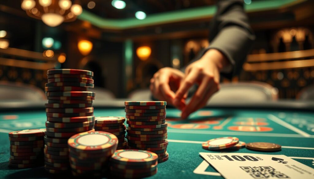 A meticulously composed scene depicting a player's financial management strategy in the game of Baccarat. The foreground features a well-stacked pile of casino chips in various denominations, conveying a sense of careful resource allocation. In the middle ground, a player's hands are visible, delicately arranging the chips with precision, showcasing the thoughtful approach to bankroll management. The background is a softly blurred, dimly lit casino interior, with the characteristic green felt tables and brass railings, creating an atmosphere of focused intensity. The overall lighting is warm and subtle, highlighting the intricate details of the chips and the player's hands, emphasizing the importance of a disciplined financial strategy in the captivating world of Baccarat.