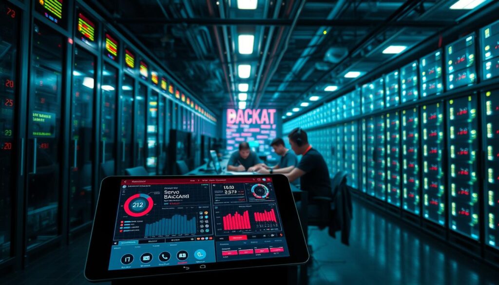 A meticulously crafted scene of the latest software update for the popular baccarat game, set against a backdrop of a modern digital interface. In the foreground, a sleek touchscreen displays the streamlined UI, showcasing intuitive controls and real-time analytics. The middle ground features a team of developers intently coding, their faces illuminated by the glow of multiple displays. In the background, a sprawling data center hums with activity, its servers and cables representing the technological backbone powering the game's seamless operation. The overall atmosphere conveys a sense of innovation, efficiency, and a relentless pursuit of perfection in the optimization of the baccarat playing experience.