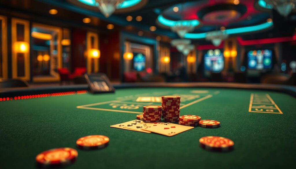 A meticulously designed casino table, illuminated by warm, focused lighting. On the felt surface, poker chips and playing cards are strategically arranged, symbolizing the key factors that influence the win rate in baccarat. The background features a blurred, opulent casino interior, hinting at the high-stakes environment. The overall atmosphere conveys a sense of calculated strategy and the pursuit of gaming mastery. The image serves to visually encapsulate the critical elements that contribute to success in this captivating card game.