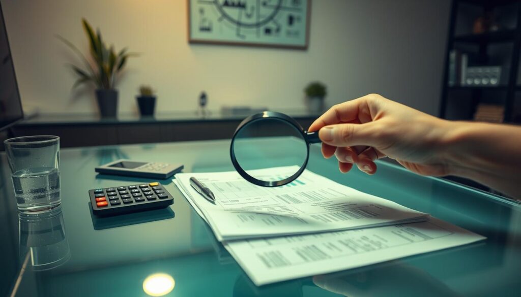 A meticulously designed desktop workspace, featuring a glass-topped table with a stack of financial documents, a calculator, a pen, and a glass of water. The room is softly lit from overhead, creating a contemplative atmosphere. In the foreground, a hand is holding a magnifying glass, carefully examining the documents, symbolizing the attention to detail required for effective fund management. The background showcases a minimalist wall decor, hinting at the importance of organization and clarity in financial decision-making. The overall composition conveys a sense of thoughtful, disciplined money management.