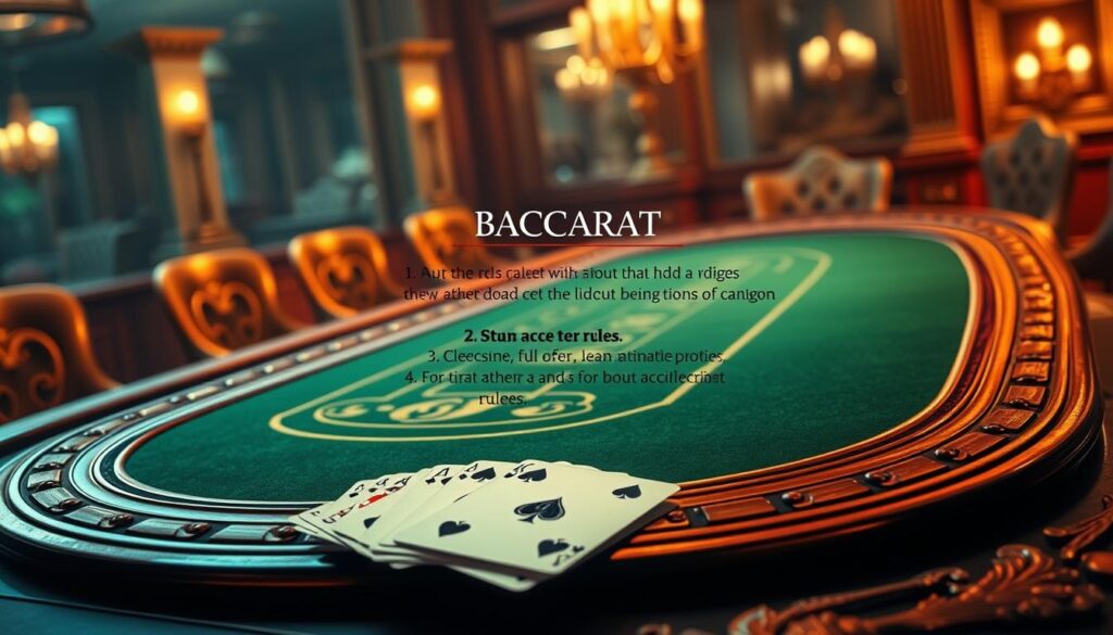 A meticulously detailed and visually striking illustration of the rules of baccarat, a classic casino card game. The composition features an ornate and richly textured wooden gaming table, with a green felt surface and elegant gold trim. In the foreground, a deck of playing cards is neatly arranged, showcasing the iconic suit symbols. The lighting is warm and subtle, creating a sense of sophistication and elegance. In the middle ground, the key rules of baccarat are presented in a clear, legible manner, allowing the viewer to easily understand the fundamental gameplay mechanics. The background is subtly blurred, emphasizing the focal point of the cards and the rule details. The overall scene conveys a sense of refined sophistication, befitting the subject matter of the baccarat game.