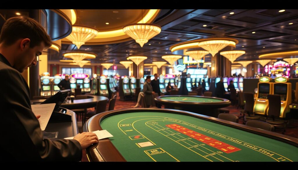 A meticulously detailed scene of the baccarat game's prize redemption process. In the foreground, a player stands at a casino counter, filled with anticipation as they complete the necessary paperwork. The middle ground showcases the elegant baccarat table, its green felt surface reflecting the soft, warm lighting overhead. In the background, a panoramic view of the casino floor, bustling with activity and the alluring sounds of slot machines and chatter. The scene is imbued with a sense of excitement and the promise of potential winnings, captured through a cinematic wide-angle lens that immerses the viewer in the atmosphere of the casino.