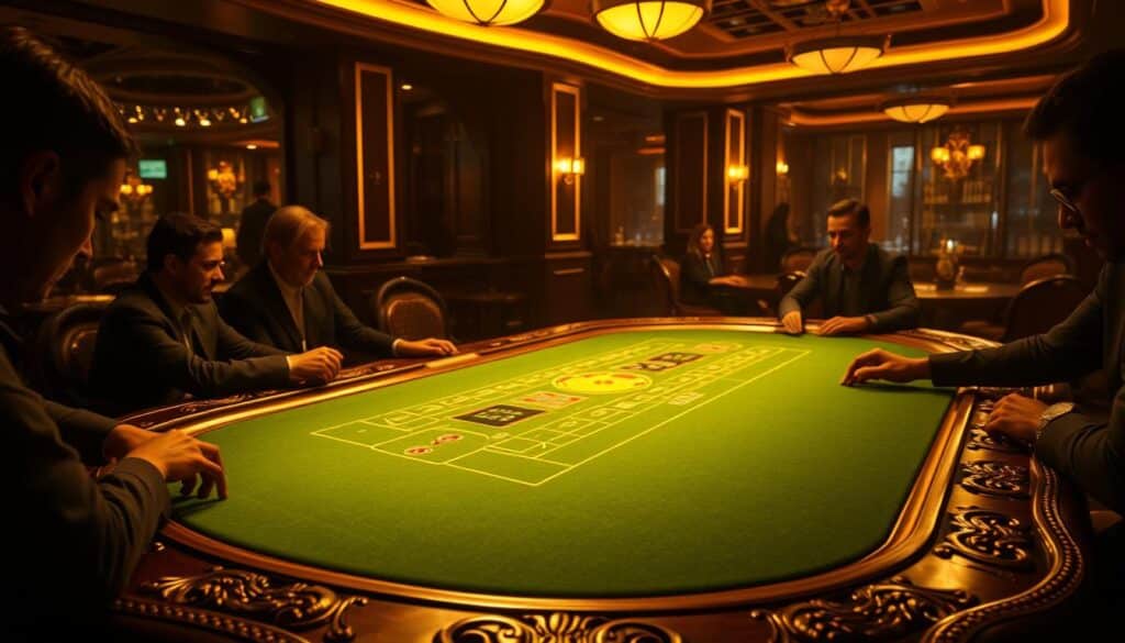 A meticulously rendered, highly detailed image of a baccarat gaming table in a dimly lit, luxurious casino setting. The table is illuminated by a warm, golden glow, with the green felt surface and the ornate, carved wooden edges standing out in sharp contrast. Surrounding the table are several players, their faces obscured by shadows, intently focused on the game. The scene exudes a sense of high-stakes excitement and strategic intensity, capturing the essence of baccarat gameplay. The composition emphasizes the table's central position, with the players and the overall casino environment providing a sense of depth and atmosphere. The lighting and camera angles create a cinematic, immersive feel, drawing the viewer into the captivating world of baccarat gaming tactics.