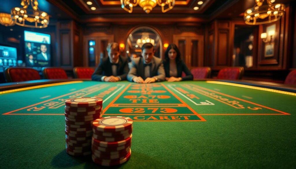 A meticulously rendered scene of a Baccarat table in a high-end casino. The table is illuminated by warm, ambient lighting, creating a sophisticated and inviting atmosphere. The green felt surface is crisply detailed, with precise markings for the player, banker, and tie bets. In the foreground, a stack of casino chips in various denominations is placed neatly, hinting at the strategy and analysis of Baccarat betting. The middle ground features a group of well-dressed players engaged in the game, their expressions focused and contemplative. In the background, the rich, wood-paneled walls and opulent decor of the casino create a sense of exclusivity and luxury. The overall composition conveys the analytical nature of Baccarat gameplay, with a visually striking and aesthetically pleasing execution.