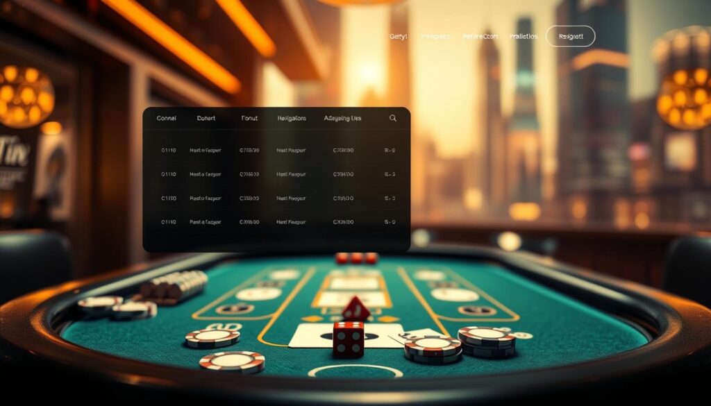A mobile-friendly casino website interface featuring a sleek and intuitive design. The foreground showcases the elegant baccarat game table, with cards, chips, and dice meticulously rendered. The middle ground presents the overall site layout, highlighting the responsive and user-friendly navigation menu. The background depicts a blurred, but visually striking, cityscape with a sense of urban sophistication. The lighting is warm and inviting, creating a captivating atmosphere that draws the viewer into the immersive digital experience. The composition emphasizes the seamless integration of form and function, capturing the essence of a well-optimized mobile casino platform.