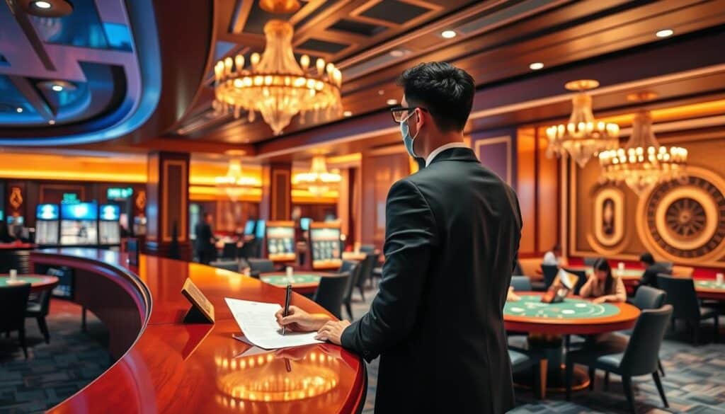 A modern Taiwanese casino interior with warm lighting and sleek furnishings. In the foreground, a well-dressed customer stands at a polished wooden counter, filling out a withdrawal form to claim their baccarat winnings. The middle ground showcases the casino's baccarat tables, where players intently study their cards. In the background, elegant chandeliers illuminate the space, creating a sophisticated ambiance. The overall scene conveys a sense of excitement and financial opportunity for the casino's patrons.
