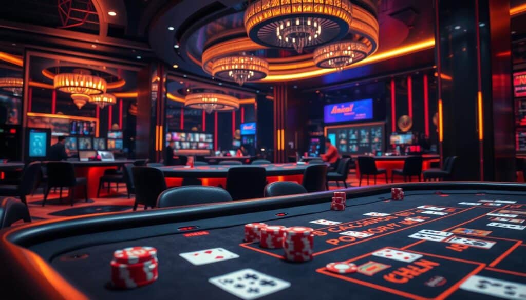 A modern and immersive casino gaming experience, showcasing the latest developments in the world of baccarat. Set against a backdrop of sleek, contemporary design, the scene captures the dynamic energy of a high-stakes table, illuminated by warm, atmospheric lighting. Meticulously rendered playing cards, chips, and table surfaces convey the tactile allure of this timeless game, inviting the viewer to imagine the thrill of the next round. The composition strikes a balance between the sophistication of the setting and the excitement of the gameplay, reflecting the continuous evolution and growing popularity of baccarat in the Taiwanese market.