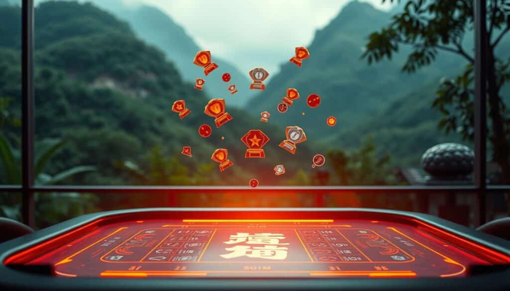 A modern and sleek online gambling platform against a backdrop of a lush, verdant landscape. In the foreground, a glowing 百家樂 gaming table with crisp, high-definition graphics and detailed illustrations of the game's key elements. Subtle lighting casts a warm, inviting glow, creating an atmosphere of excitement and anticipation. In the middle ground, various award icons and prize symbols float effortlessly, hinting at the generous payouts and bonuses available to players. The overall composition conveys a sense of sophistication, technological advancement, and the promise of thrilling gameplay and lucrative rewards.