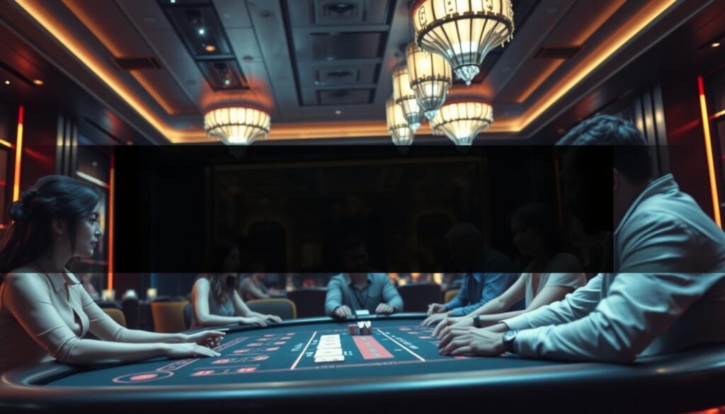 A modern and stylish online baccarat platform with a sleek user interface, positioned against a backdrop of a dimly lit casino interior. The platform's legitimacy is conveyed through a sense of sophistication and attention to detail, with soft lighting illuminating the gaming tables and elegant furnishings. In the foreground, a group of players engage in the game, their expressions focused and intent, reflecting the thrilling yet controlled nature of the experience. The overall atmosphere exudes an air of exclusivity and trustworthiness, inviting the viewer to consider this platform as a premier destination for online baccarat gaming.