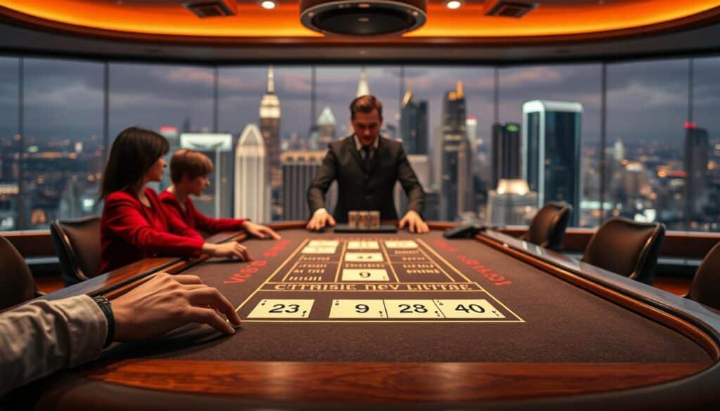 A modern and visually appealing online casino website with a focus on the classic baccarat game. The layout features a clean, minimalist design with warm, earthy tones. In the center, a high-resolution baccarat table occupies the foreground, with players' hands and the dealer in sharp focus. The background showcases a subtly blurred panoramic view of a bustling metropolitan skyline, conveying a sense of urban sophistication. Soft, directional lighting creates a welcoming and immersive atmosphere, highlighting the table's polished wood surfaces and the players' expressions of concentration. The overall composition radiates a balance of elegance, technology, and the thrill of strategic gameplay.