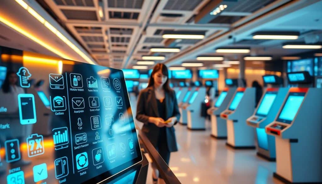 A modern banking office interior with a focus on digital financial transactions. In the foreground, a sleek touchscreen display showcases various online payment options, from mobile wallets to bank transfer interfaces. The middle ground features a customer service representative assisting a client, demonstrating the comparison between digital and traditional banking processes. The background is filled with rows of teller stations and digital kiosks, conveying the contrast between legacy and cutting-edge banking technologies. The lighting is warm and professional, creating a sense of trust and efficiency. The camera angle is slightly elevated, providing an overview of the seamless integration of physical and digital banking experiences.