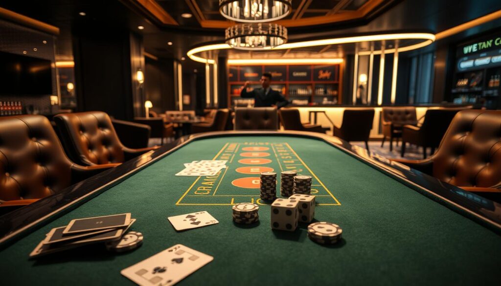 A modern casino interior with a focal point on a baccarat table. The table is illuminated by soft, warm lighting, casting subtle shadows on the green felt surface. Playing cards, poker chips, and a pair of elegant dice are neatly arranged, suggesting a game in progress. The background features a luxurious lounge area with plush leather chairs and a bar serving sophisticated cocktails. A sense of strategic contemplation and subtle anticipation permeates the scene, capturing the essence of a considered betting strategy.