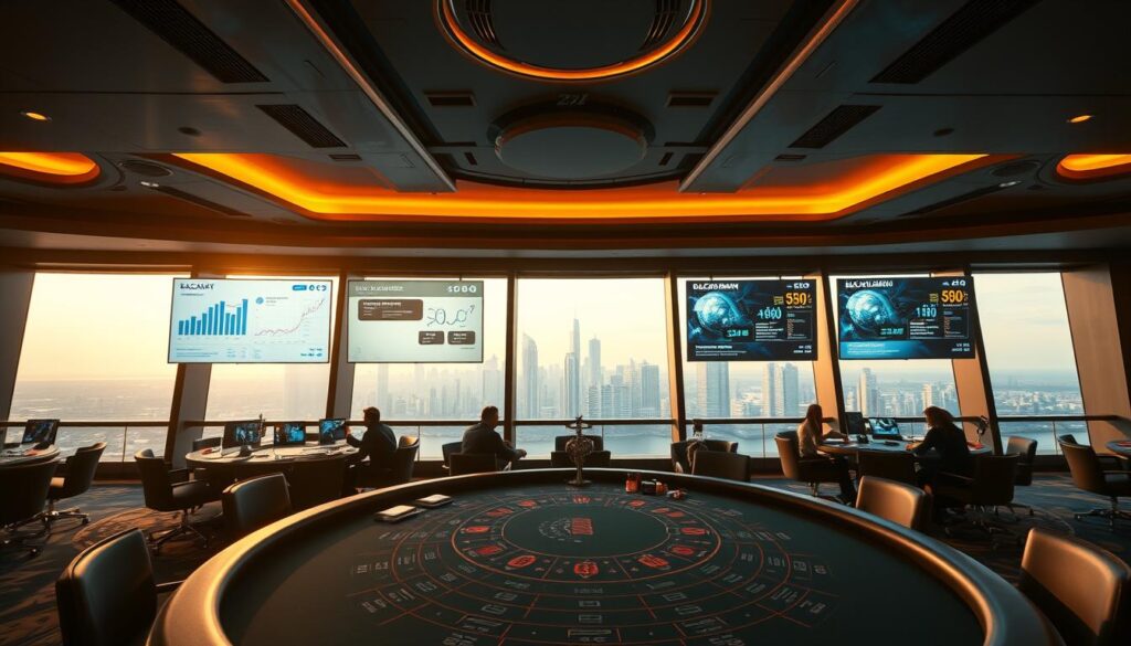 A modern casino interior with a focus on a baccarat gaming table and online marketing strategies. High ceilings, warm lighting, and a sleek, minimalist design. In the foreground, the baccarat table is the central focal point, with players engaged in the game. In the middle ground, digital screens display analytics, SEO metrics, and targeted advertising campaigns. The background features a panoramic view of the city skyline, hinting at the broader online presence and reach of the casino's digital operations. The overall atmosphere conveys a sense of strategic integration between the physical gaming experience and the online marketing efforts that drive customer acquisition and retention.