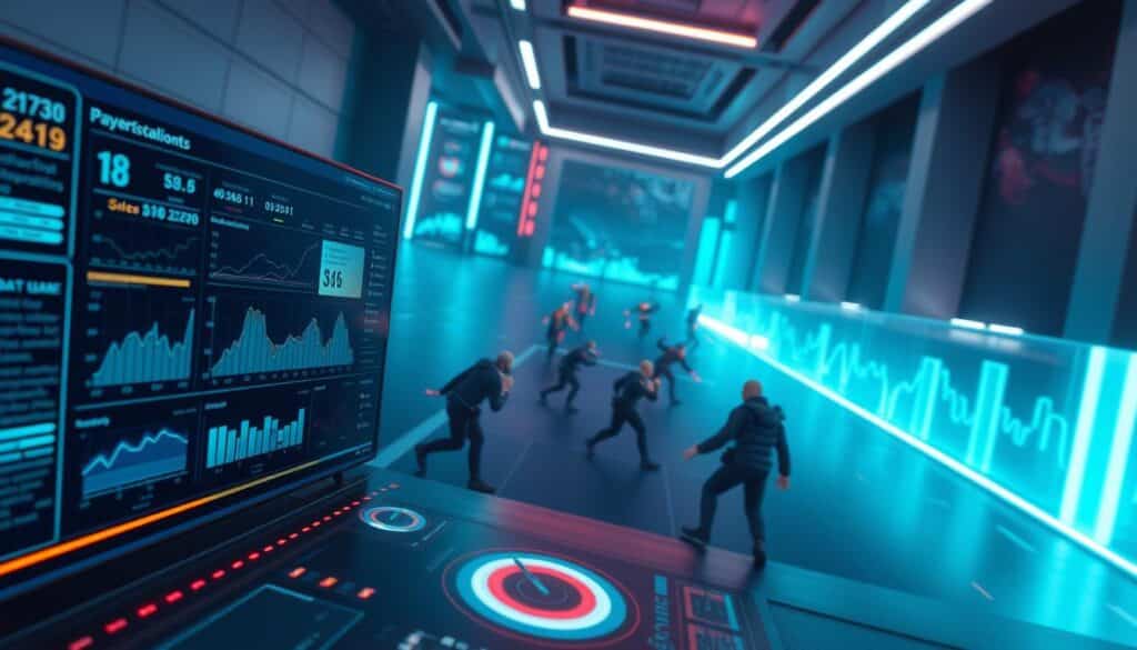 A modern data-driven game design concept. A holistic 3D scene showcasing the integration of data analytics and game mechanics. In the foreground, a digital dashboard displays real-time metrics and player behavior insights. In the middle ground, game characters engage in a dynamic, strategy-driven gameplay loop, their actions influenced by the data visualizations. The background depicts a sleek, futuristic gaming environment with minimalist architecture and neon-infused lighting, evoking a sense of technological innovation. Cinematic camera angle, balanced color palette, and a clean, sophisticated aesthetic to embody the notion of data-driven game design innovation.