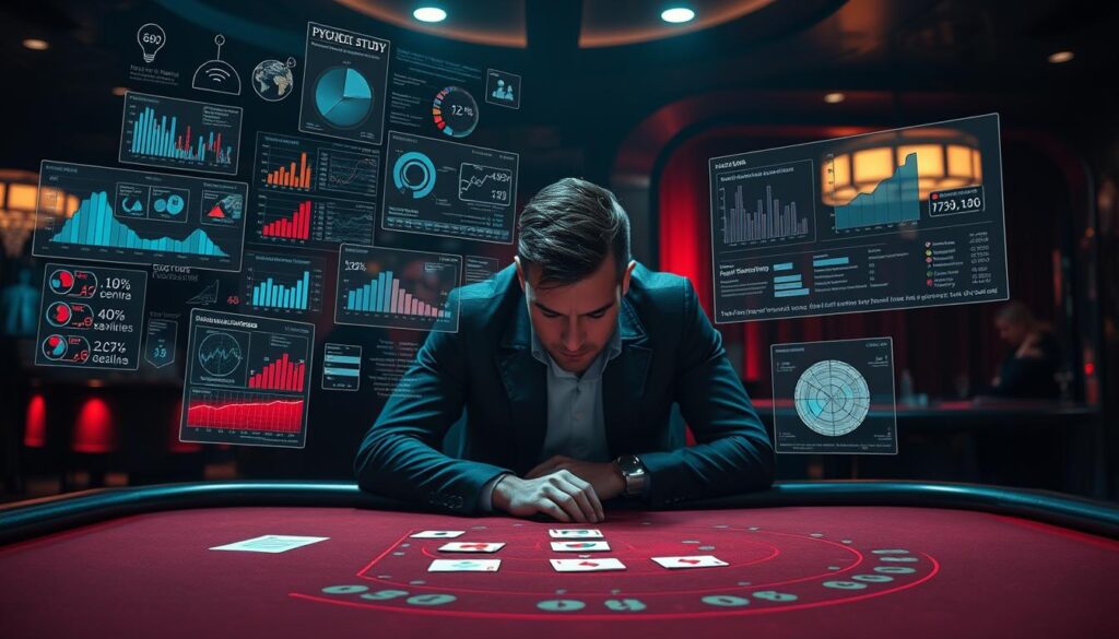 A modern, data-driven gaming analysis depicting a psychological study of casino baccarat players. In the foreground, a cluster of floating data visualizations and infographics hover above a gaming table, conveying insights into player behaviors, decision-making patterns, and emotional states. The middle ground features a pensive player leaning over the table, deep in contemplation, surrounded by an aura of analytical focus. In the background, a dimly lit, atmospheric casino setting with moody lighting sets the tone, hinting at the complexities and high-stakes nature of the subject matter. The overall scene should exude a sense of analytical rigor, data-driven discovery, and the intricacies of human decision-making in the context of casino gaming.