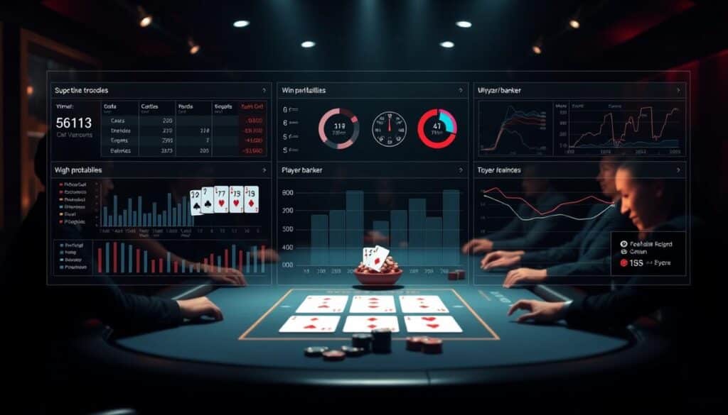 A modern data visualization dashboard showcases complex statistical analyses and insights for a high-stakes baccarat game. In the foreground, a sleek, minimalist interface displays real-time odds, win probabilities, and player/banker trends. The middle ground features stylized baccarat cards and casino chips, subtly blending the digital and physical realms. The background depicts a dimly lit, luxurious baccarat table surrounded by attentive players, creating an atmosphere of strategic decision-making and potential fortune. Dramatic lighting casts dramatic shadows, while a cinematic depth of field focuses the viewer's attention on the analytical tools empowering players to elevate their baccarat gameplay.