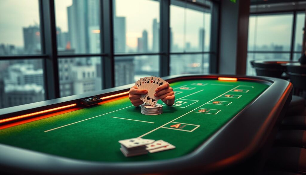 A modern digital casino table with a sleek, minimalist design. The green felt surface is illuminated by soft, warm lighting, creating a cozy, inviting atmosphere. A pair of professional-looking hands shuffle a deck of playing cards, hinting at the thrilling game of baccarat about to unfold. In the background, a blurred city skyline is visible through the large windows, suggesting the convenience and accessibility of online gambling. The overall tone is one of sophistication, excitement, and the allure of high-stakes gaming.