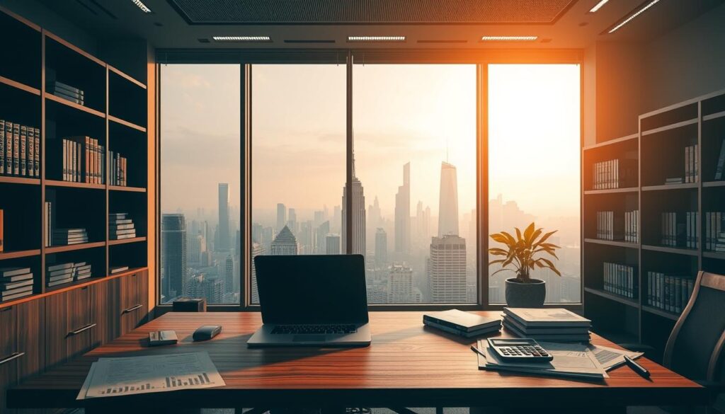 A modern office interior with a clean, professional atmosphere. A wooden desk dominates the foreground, neatly organized with a laptop, calculator, and financial documents. The middle ground features a large window overlooking a bustling city skyline, bathing the room in warm, natural light. In the background, sleek shelves display carefully curated books and financial data visualizations. The overall mood is one of focused efficiency and prudent resource management, reflecting the concept of "資金管理" and its importance in strategic decision-making.