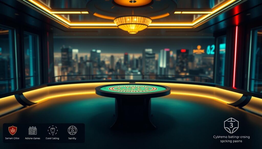 A modern online casino platform with a sleek, minimalist design. The main focus is a center stage playing table for a classic Baccarat game, illuminated by soft, warm lighting that creates a cozy, inviting atmosphere. In the foreground, there are discreet icons and user interface elements that convey the platform's security features and regulatory compliance. The background is a blurred, out-of-focus cityscape, hinting at the platform's global reach and accessibility. The overall mood is one of sophistication, trustworthiness, and an elevated online gaming experience.