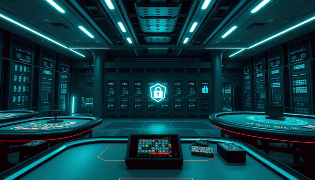 A modern online casino with robust security features. In the foreground, a sleek, minimalist interface showcases an array of virtual gaming tables, each with a discreet card reader and biometric authentication system. The middle ground features a secure payment gateway, encrypted data transmission, and a dedicated cybersecurity team monitoring operations. In the background, a panoramic view of a state-of-the-art data center, with redundant servers, firewalls, and round-the-clock surveillance, ensuring the safety and integrity of player information. The lighting is cool and subdued, creating an atmosphere of trust and reliability. The camera angle is slightly elevated, conveying a sense of confidence and professionalism in the casino's approach to online safety.